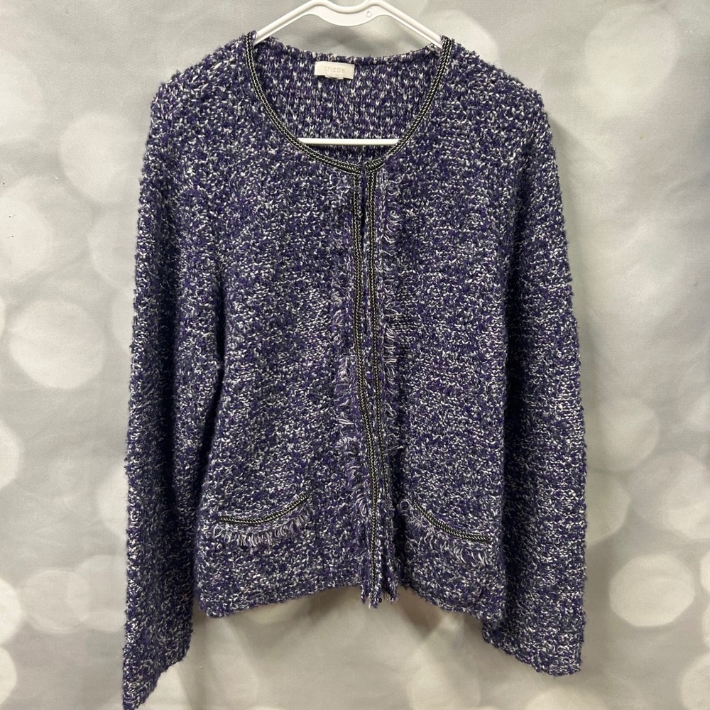 Chico's purple, grey and metallic hook closure jacket.